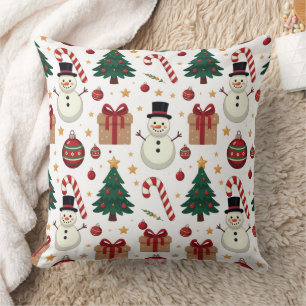 Cute Snowman & Candy Cane Christmas Throw Pillow 