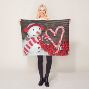 Cute Snowman Candy Cane Heart Red White Love Fleece Blanket