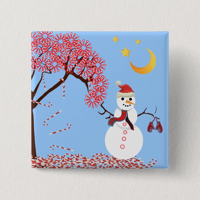 Cute Snowman Candy Cane Tree Magnet 2 Inch Square Button (Front)