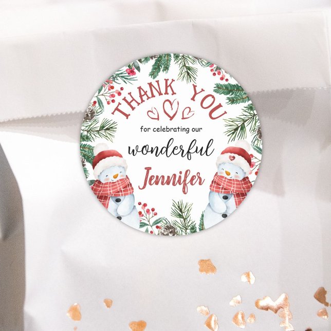 Cute Snowman Christmas 2nd Birthday Thank You Classic Round Sticker (Creator Uploaded)