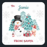 Cute Snowman Christmas From To Square Sticker<br><div class="desc">Cute Christmas Square Gift Sticker with a cute snowman,  bunny,  and Christmas tree in a snowy forest for kids' birthdays around Christmas. You can easily personalize it.</div>