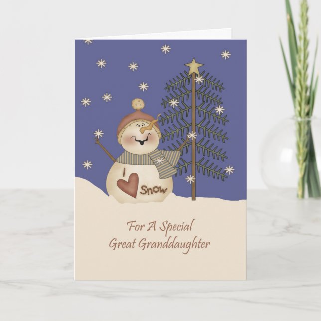 Cute Snowman Christmas Great Granddaughter Holiday Card (Front)