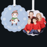Cute Snowman Christmas Peace Love Joy Snowflakes Ornament Card<br><div class="desc">A Christmas design: a cute little snowman with knitted, red and green striped scarf and hat, on light blue background, surrounded by arched text with white snowflakes between words. The message above is Peace Love Joy, below there is the name and year. On the back there is a placeholder family...</div>