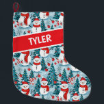 Cute Snowman Christmas Personalized Large Christmas Stocking<br><div class="desc">Cute cozy snowmen in warm red scarves and warm knit hats and a pretty green, red and blue pine tree background personalized Christmas stocking.</div>