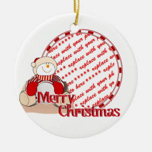 Cute Snowman Christmas Photo Frame Ceramic Ornament