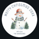 Cute Snowman Christmas Tree Winter Christmas Classic Round Sticker<br><div class="desc">Make your gifts extra festive with our Cute Snowman Christmas Tree Winter Christmas Classic Round Sticker! Personalize it with your name to add a special touch to your presents. Spread holiday cheer with this adorable snowman design that will surely put a smile on your loved ones' faces.</div>