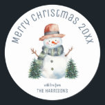 Cute Snowman Christmas Tree Winter Christmas Classic Round Sticker<br><div class="desc">Make your gifts extra festive with our Cute Snowman Christmas Tree Winter Christmas Classic Round Sticker! Personalize it with your name to add a special touch to your presents. Spread holiday cheer with this adorable snowman design that will surely put a smile on your loved ones' faces.</div>