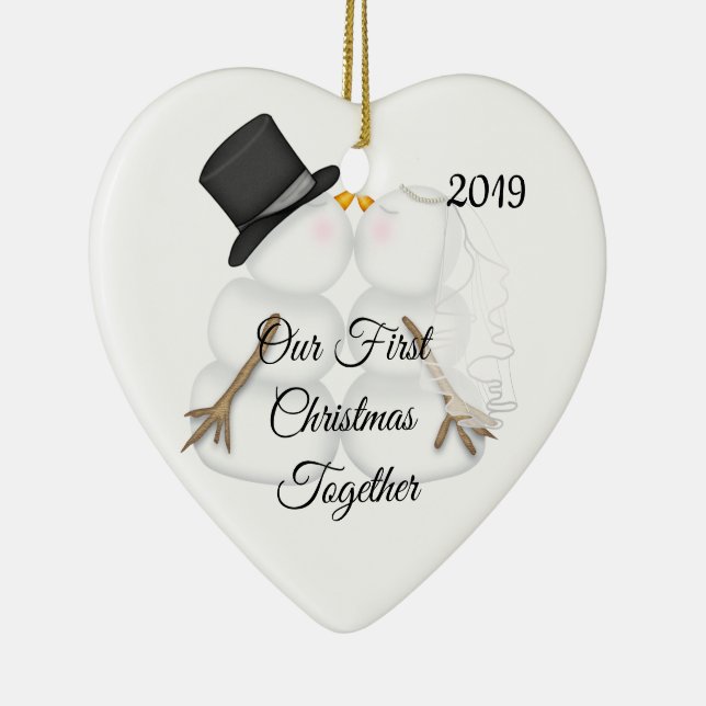 Cute Snowman Couple First Christmas Together 2019 Ceramic Ornament (Right)