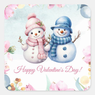 Cute Snowman Couple Happy Valentine's Day Square Sticker