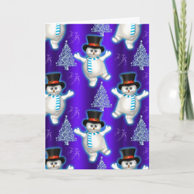 Cute Snowman Dancing Blue Christmas Card (Front)