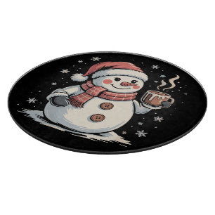 Cute Snowman Drink Coffee Winter Snowflake Xmas Cutting Board