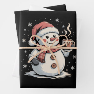 Cute Snowman Drink Coffee Winter Snowflake Xmas Wrapping Paper Sheet