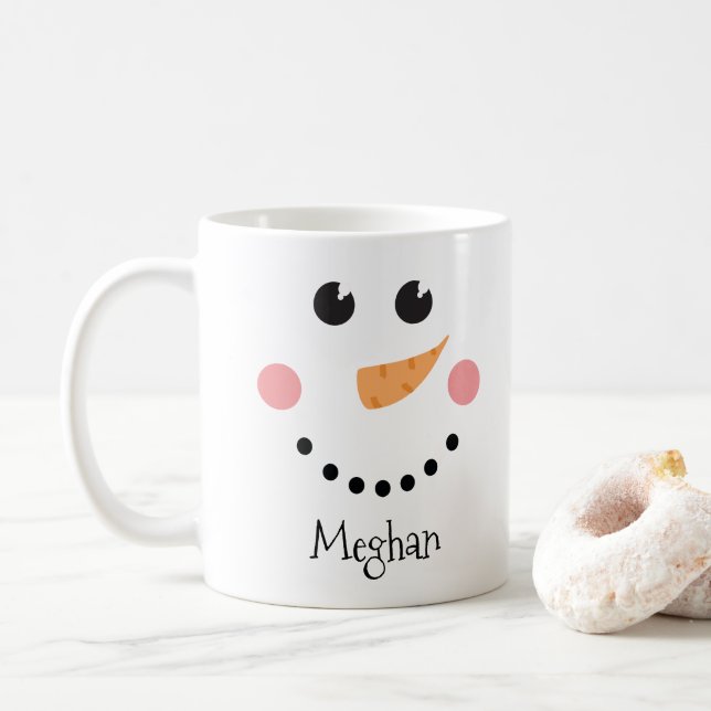 Cute Snowman Face - custom name Coffee Mug (With Donut)