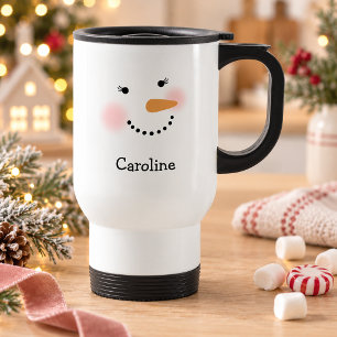 Cute Snowman Face Moms Custom Name Christmas Travel Mug