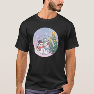 Cute Snowman Family Christmas Scene T-Shirt