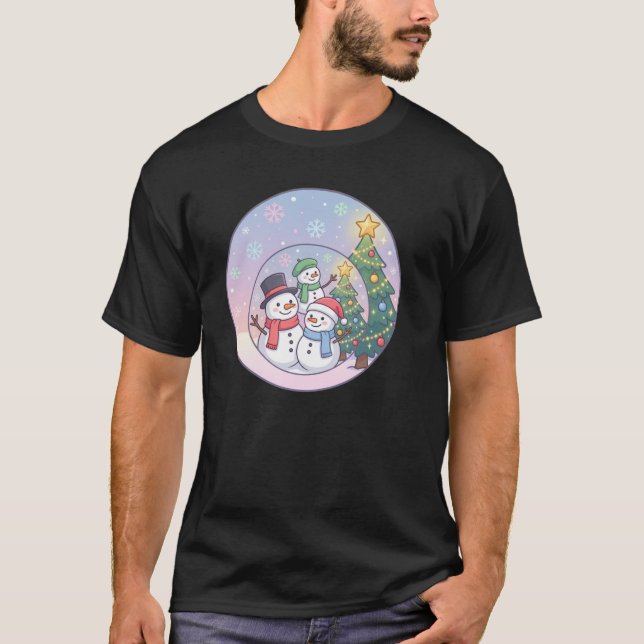 Cute Snowman Family Christmas Scene T-Shirt (Front)