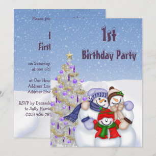 Cute Snowman Family & Christmas Tree 1st Birthday Invitation