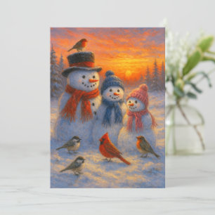 Cute Snowman Family In Snowy Woodland Sunset Holiday Card