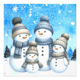 Cute snowman family in the snow photo print