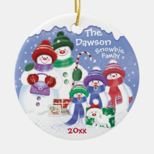 "Cute Snowman, Family of 5 Snowbies, Christmas Ceramic Ornament
