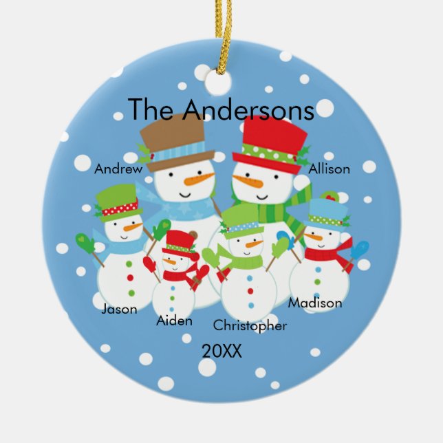 Cute Snowman Family of 6 Christmas Ornament (Front)