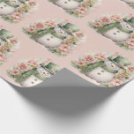 Cute Snowman Floral Pink Christmas Holiday Wrapping Paper<br><div class="desc">Soft pink background with cute watercolor snowman with pastel green scarf & hat.  Just adorable for all your gift wrapping.</div>