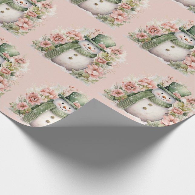 Cute Snowman Floral Pink Christmas Holiday Wrapping Paper (Corner)