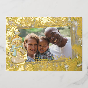 Cute snowman frame photo foil holiday card