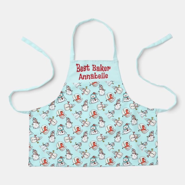  Cute Snowman Girls Name Mint Green Apron (Front)