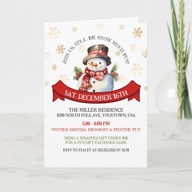 Cute Snowman Gold Snowflakes Christmas Folded Invitation (Front)