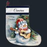 Cute Snowman Guitar Personalized  Large Christmas Stocking<br><div class="desc">Bring holiday cheer to your home with our Cute Snowman Guitar Large Christmas Stocking! Ideal for gifts and goodies,  it’s a delightful addition to your festivities. Personalize with that special name and year for a wonderful keepsake! Exclusive designs created just for you from My Baby Boutique!</div>