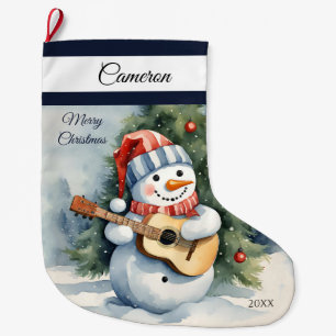 Cute Snowman Guitar Personalized Large Christmas Stocking