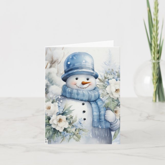 Cute Snowman Hat & Scarf Snow Covered Trees Blank Card (Front)