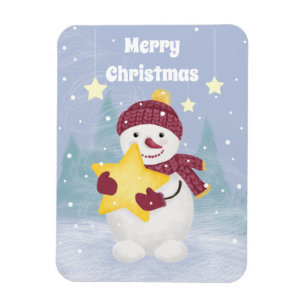 Cute Snowman Holding a Star Magnet