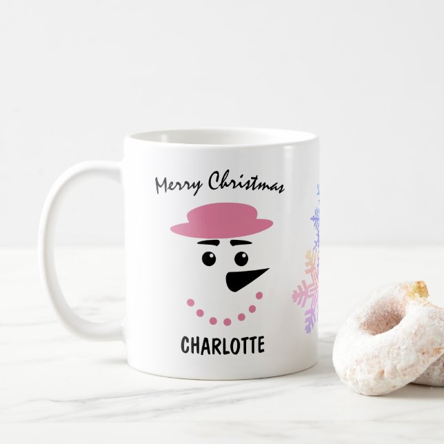 Cute Snowman In A Boater Hat. Merry Christmas Coffee Mug (With Donut)