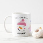 Cute Snowman In A Skiing Hat. Merry Christmas Coffee Mug<br><div class="desc">This cool coffee mug features an image of a funny blissfully smiling snowman in a pink skiing hat. A template text "Merry Christmas" is located above the image, a template name "CHARLOTTE" goes under the image. Two snowflakes of pink and blue colours are in the middle of the mug. The...</div>