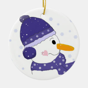 Cute Snowman in Blue Hat and Scarf Ceramic Ornament