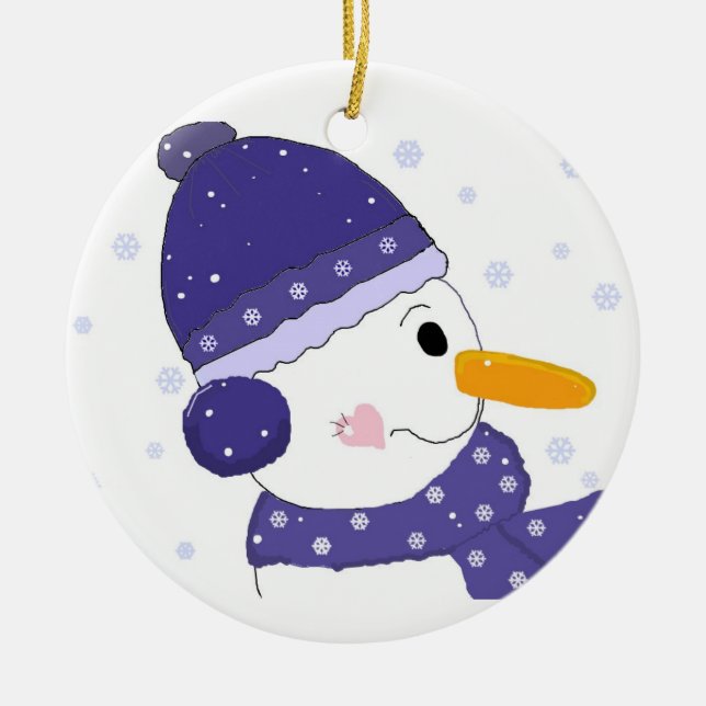 Cute Snowman in Blue Hat and Scarf Ceramic Ornament (Front)