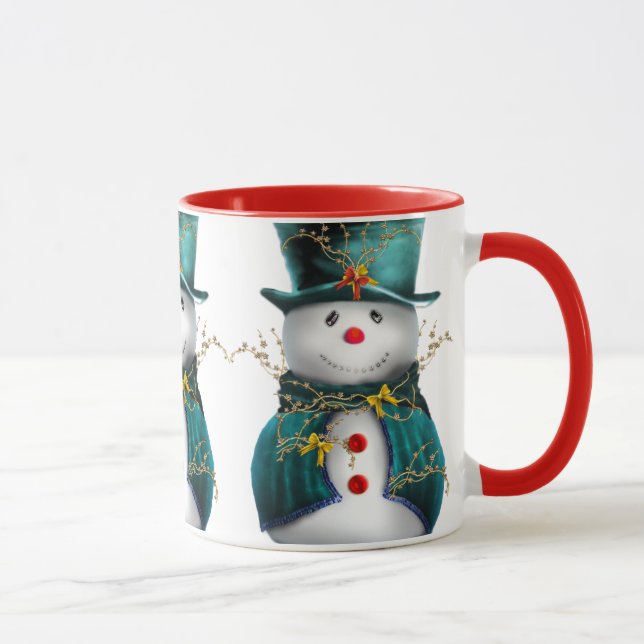 Cute Snowman in Green Velvet Christmas Mug (Right)