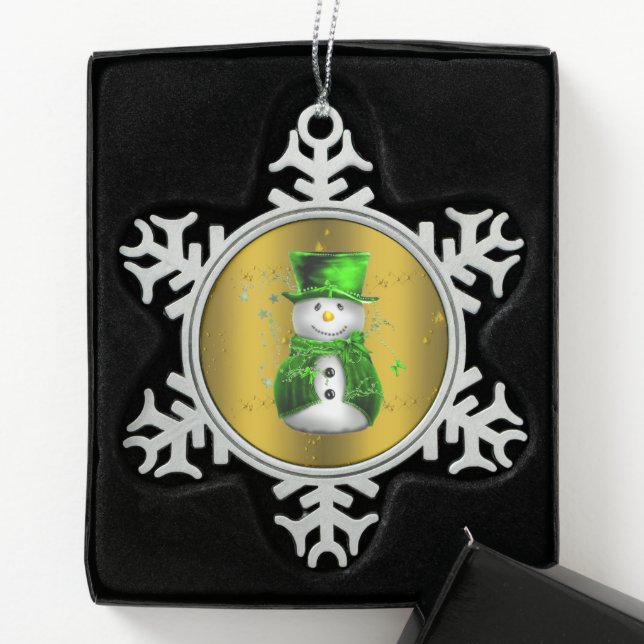 Cute Snowman in Green Velvet Snowflake Pewter Christmas Ornament (Box)