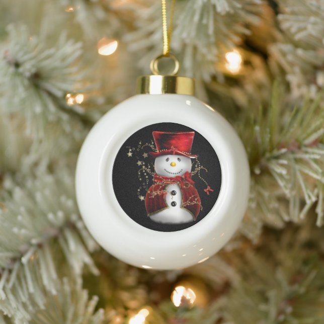 Cute Snowman in Red Velvet Christmas Ceramic Ball Christmas Ornament (Tree)