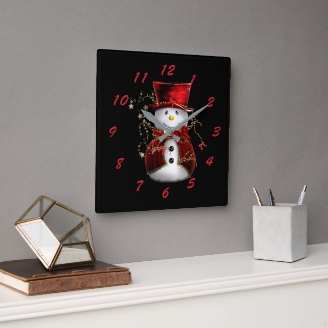 Cute Snowman in Red Velvet Christmas Square Wall Clock (Office)