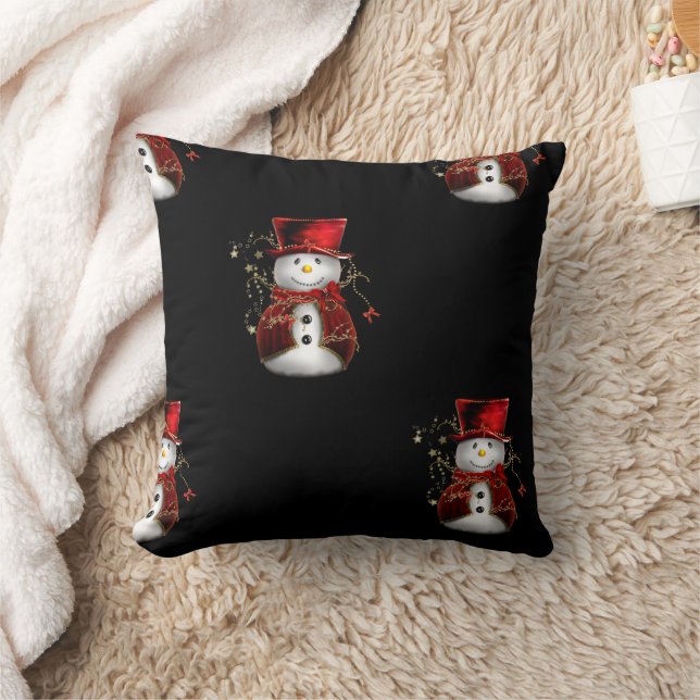 Cute Snowman in Red Velvet Christmas Throw Pillow (Blanket)