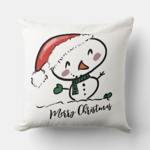 Cute Snowman in Santas Hat Throw Pillow
