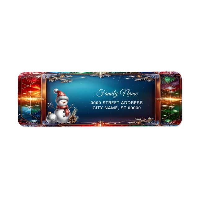 Cute Snowman in Stained Glass Frame Return Address (Front)
