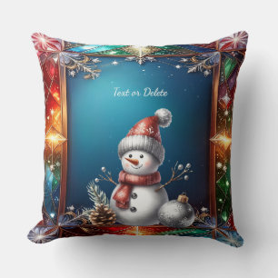 Cute Snowman in Stained Glass Frame Throw Pillow