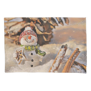 Cute Snowman in the snow watercolor painting  Pillowcase