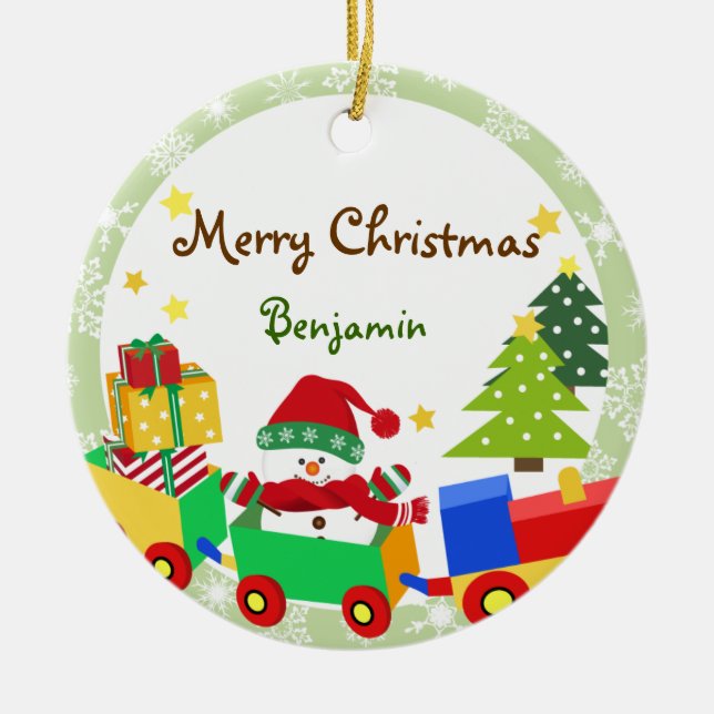 Cute Snowman in Toy Train Christmas Ornament (Front)