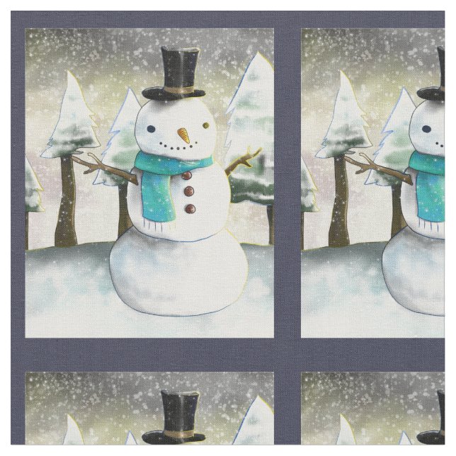 Cute Snowman in Winter Christmas Scene Pattern Fabric (Close Up)