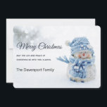 Cute Snowman in Winter Photograph Christmas Holiday Card<br><div class="desc">A flat Christmas card with a cute photograph with a little snowman. Standing outside in the winter with snow falling all around. This cute little guy is dressed up in blue knitted outdoor clothing. Some white/grey bokeh flare in the background.</div>